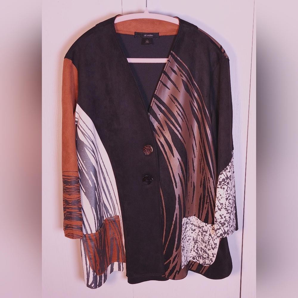 Ali Miles Knit Faux Suede Printed Jacket Size Large Patch Pockets Button Boho - Picture 13 of 15
